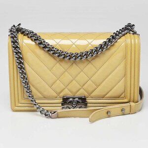 Chanel Beige Quilted Patent Leather Medium Boy Bag